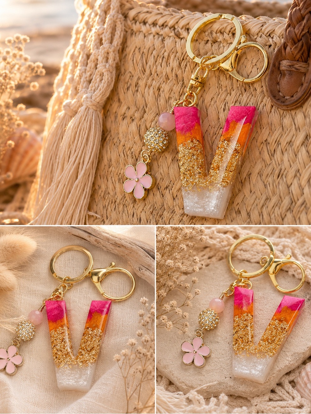 Custom Pink And Orange Resin Letter “V”Keychain with Gold Accents
